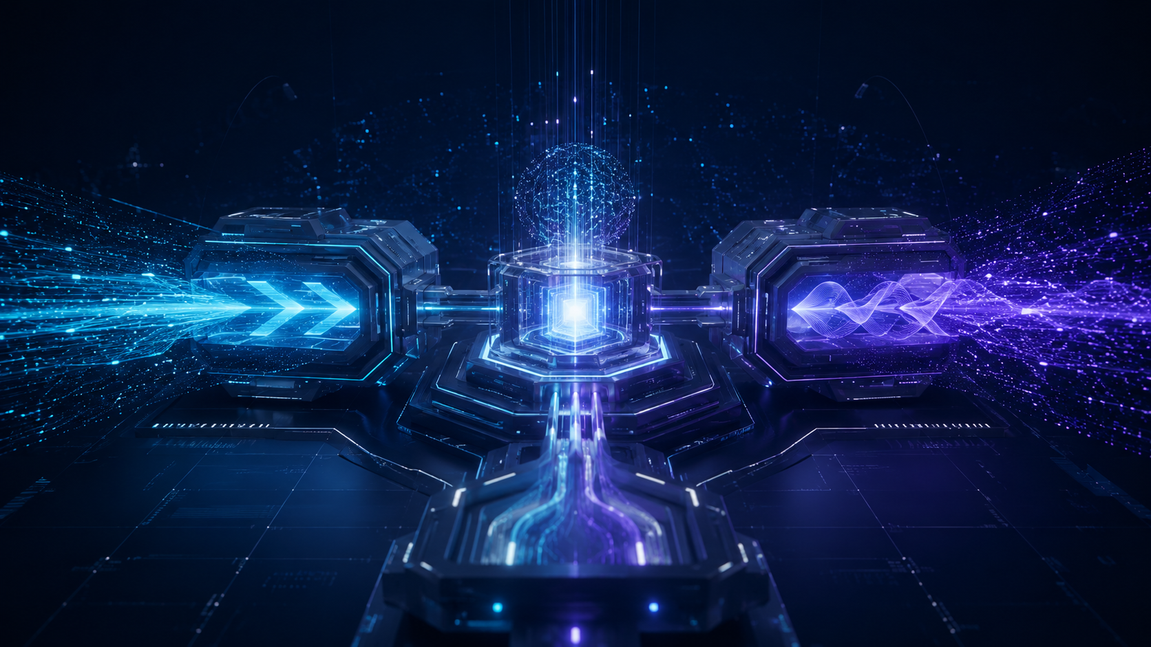 Futuristic dual AI algorithm engines representing TT Viper and TT Beast working together